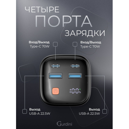 Внешний аккумулятор 20000mAh Gurdini 70W Black