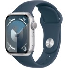 Apple Watch Series 9, 45mm, Aluminium Case «Серебристый», спортивный ремешок «грозовой синий» S/M