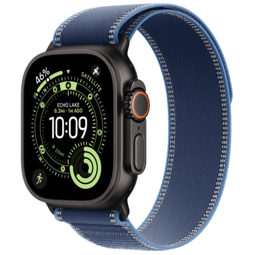 Apple Watch Ultra 3, 49 мм, Black Titanium, ремешок Trail цвета «синий/ярко-синий» S/M