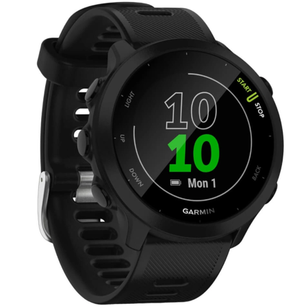 Умные часы Garmin FORERUNNER 55 42 мм, черный корпус, черный силиконовый ремень